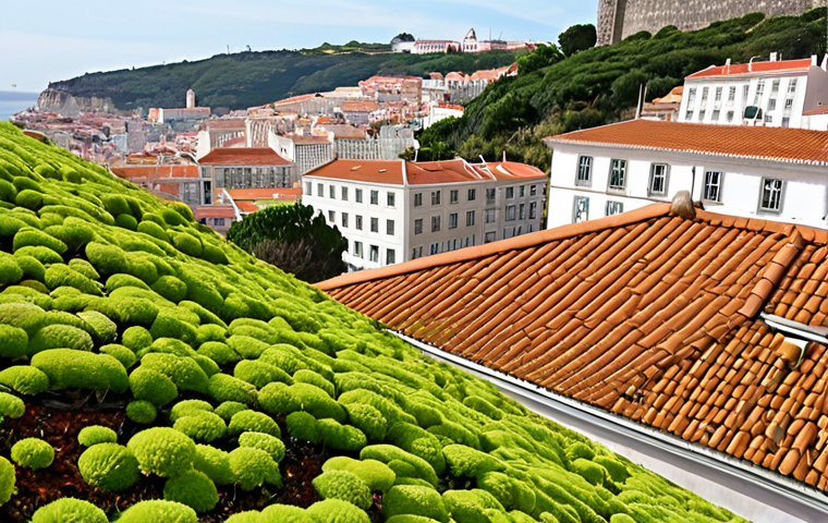 **
"A vibrant, lush green roof in Lisbon, Portugal. Close-up shot showcasing a variety of sedum plants and grasses thriving. In the background, the terracotta rooftops of Alfama cascade down towards the Tagus River. Capture the essence of sustainable urban design with a focus on biodiversity and rainwater retention."
**