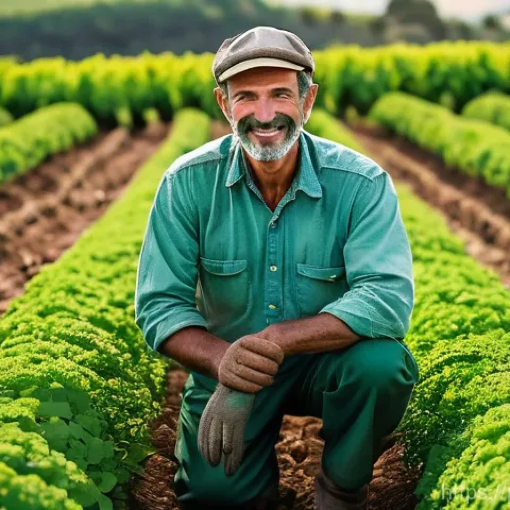 지속가능한 농업 - **Prompt:** "A Portuguese farmer, an adult male, kneels in a vibrant, healthy farm field under the w...