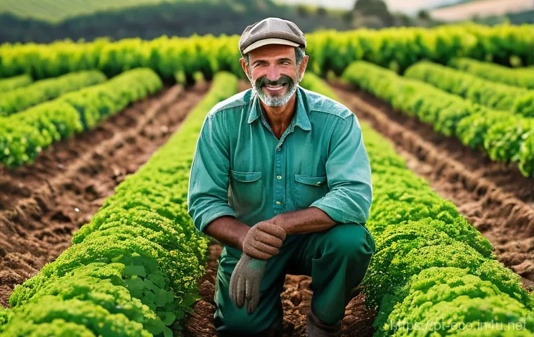 지속가능한 농업 - **Prompt:** "A Portuguese farmer, an adult male, kneels in a vibrant, healthy farm field under the w...
