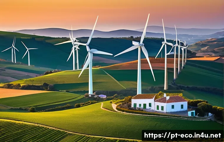 풍력발전 생태영향 - **Prompt:** A picturesque aerial view of a modern wind farm nestled within the rolling, verdant hill...