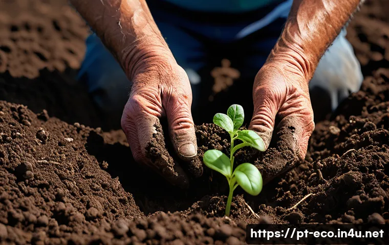 유기농업 생태적 이점 - **Prompt: A vibrant, close-up shot of rich, dark organic soil teeming with life. Visible earthworms ...