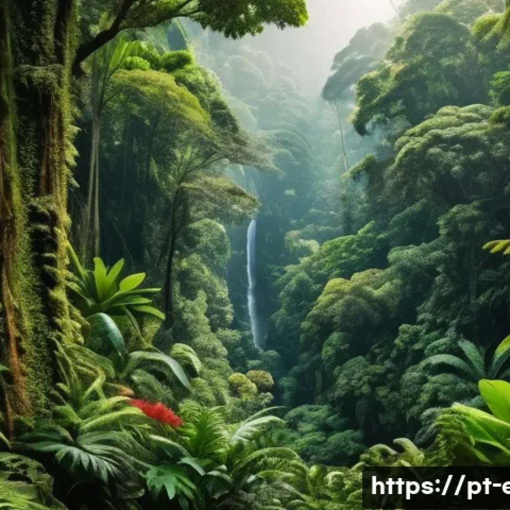 생태계 구조 - A vibrant scene in a lush Atlantic rainforest showing a diverse eco