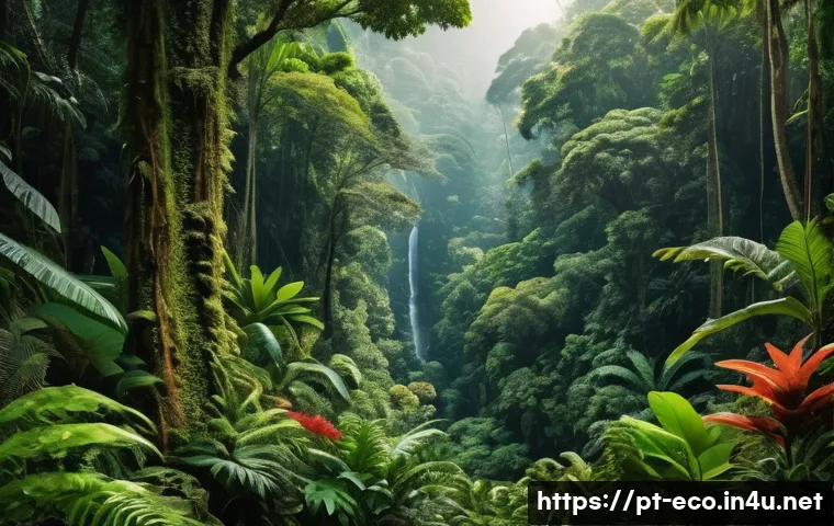 생태계 구조 - A vibrant scene in a lush Atlantic rainforest showing a diverse eco