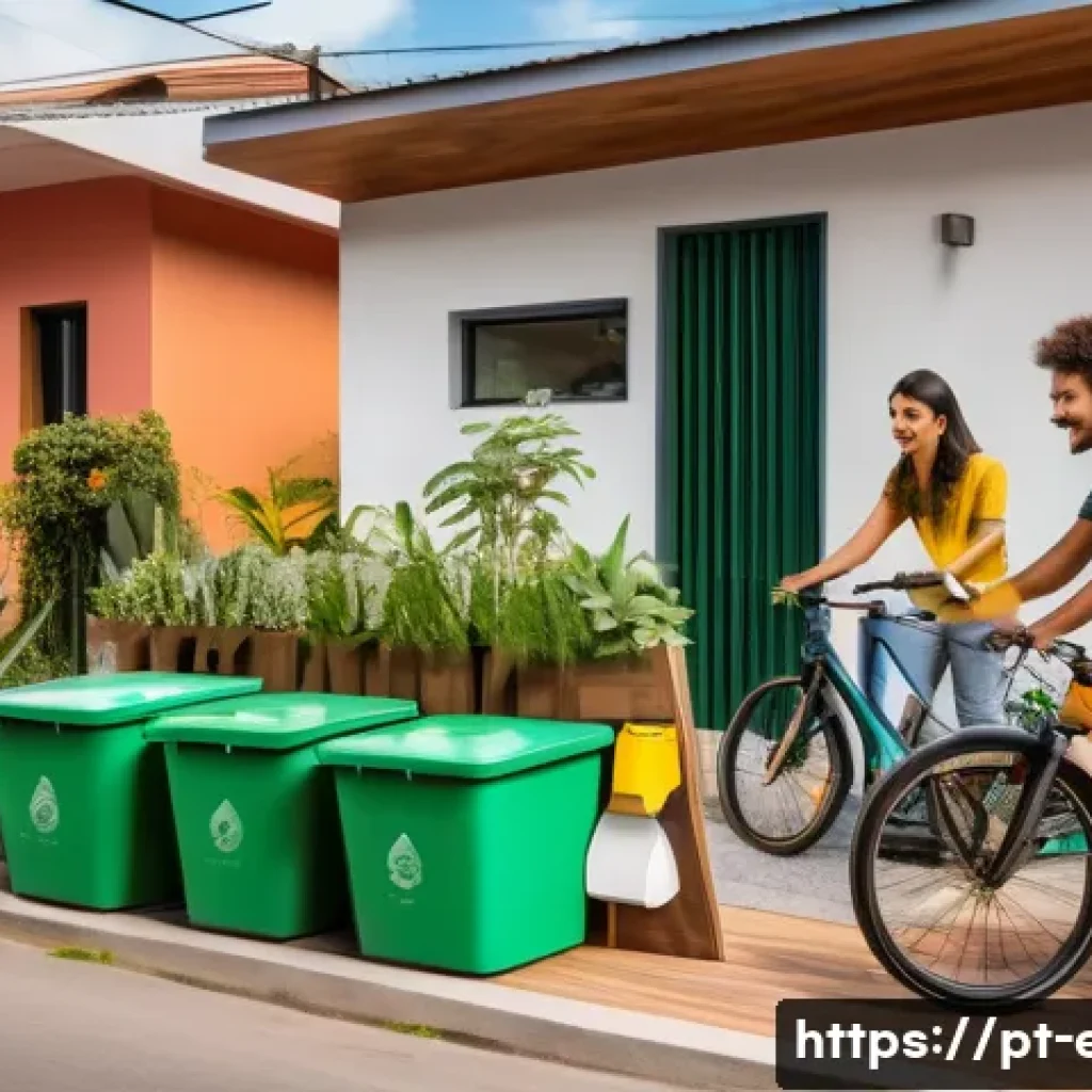 인간과 환경 - A vibrant urban scene in a Brazilian city neighborhood showing diverse people engaging in sustainabl...