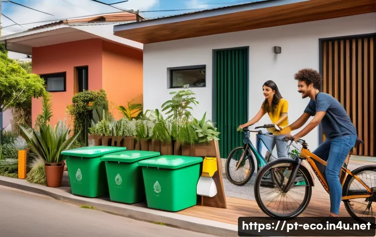 인간과 환경 - A vibrant urban scene in a Brazilian city neighborhood showing diverse people engaging in sustainabl...