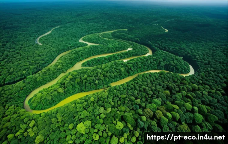 빅데이터 활용 생태 연구 - A high-resolution aerial view of a dense Amazon rainforest captured by a drone equipped with advance...
