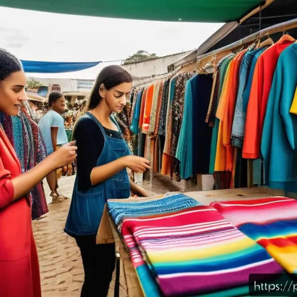 순환 경제 모델 - A vibrant Brazilian urban market scene highlighting sustainable fashion: diverse people browsing sta...
