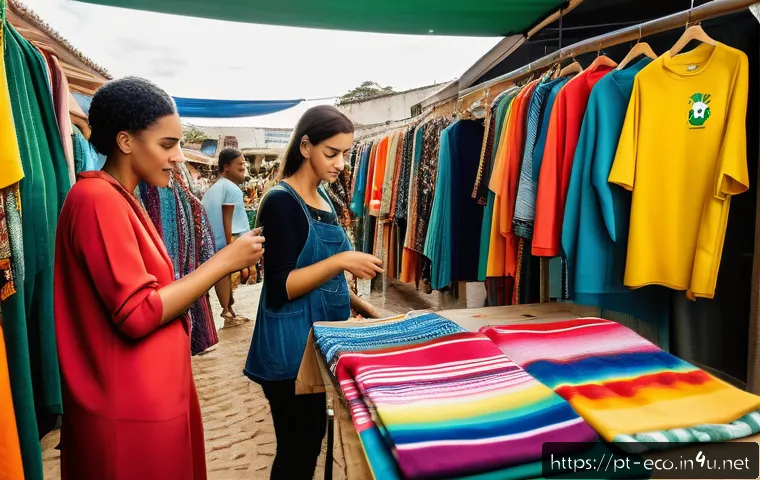 순환 경제 모델 - A vibrant Brazilian urban market scene highlighting sustainable fashion: diverse people browsing sta...