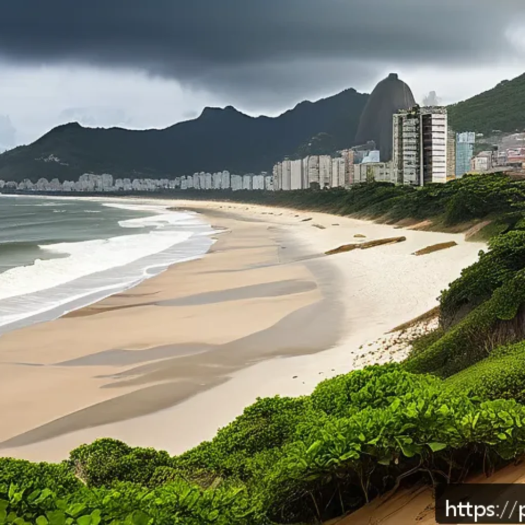 해수면 상승과 환경 - A detailed, realistic coastal scene showing severe beach erosion on a Brazilian shoreline near Rio d...