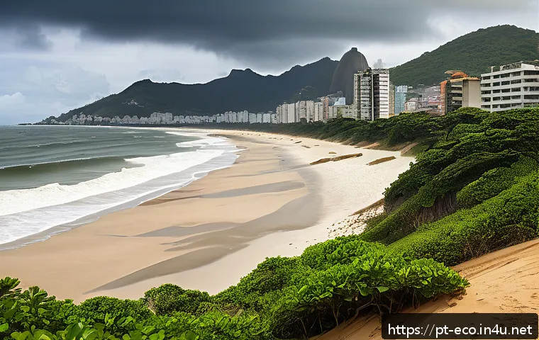 해수면 상승과 환경 - A detailed, realistic coastal scene showing severe beach erosion on a Brazilian shoreline near Rio d...