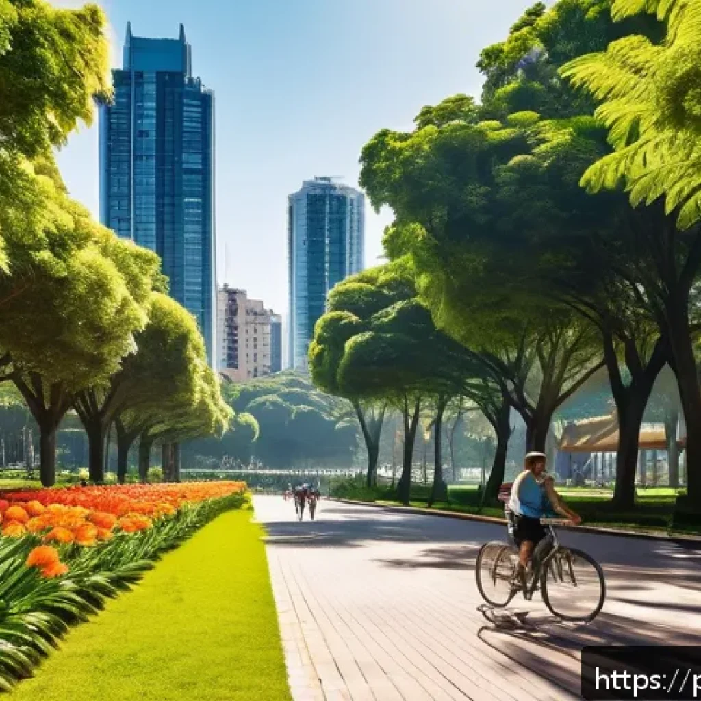 도시 생태학 - A vibrant Brazilian urban park scene in Curitiba featuring a wide linear park with lush green trees,...