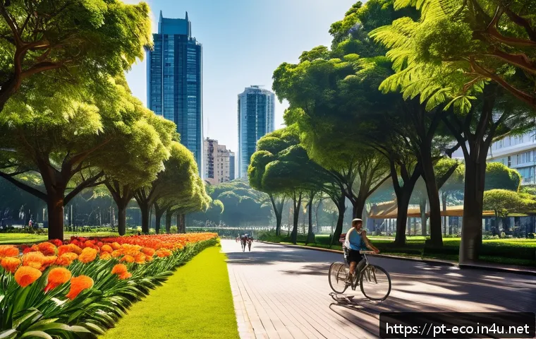 도시 생태학 - A vibrant Brazilian urban park scene in Curitiba featuring a wide linear park with lush green trees,...