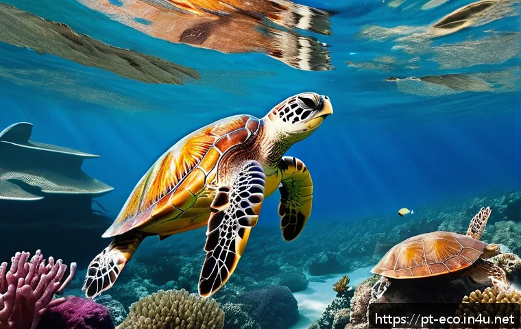 해양 플라스틱 오염 - A vibrant underwater scene showcasing diverse Brazilian marine life such as sea turtles, colorful tr...