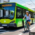 Home 21 온실가스 배출 저감 - A vibrant urban scene in a Brazilian city during daytime, featuring diverse people commuting sustain...