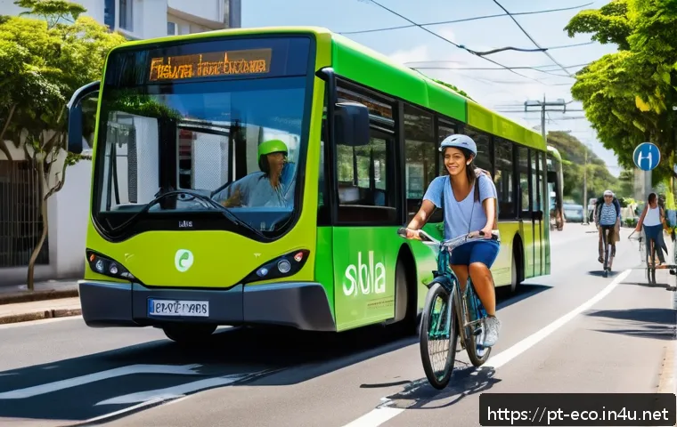 온실가스 배출 저감 - A vibrant urban scene in a Brazilian city during daytime, featuring diverse people commuting sustain...