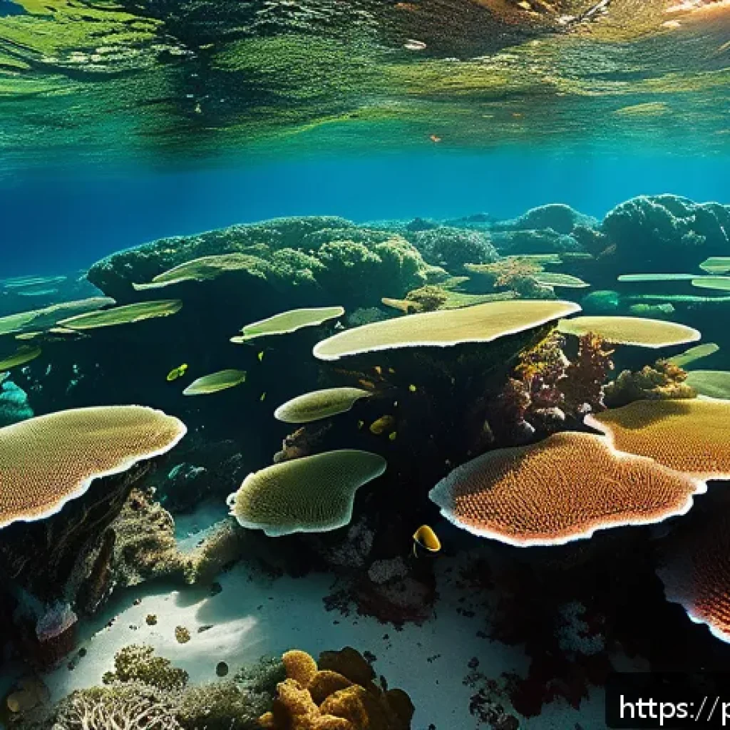 해조류 생태 연구 - A vibrant underwater scene depicting a dense forest of Brazilian marine algae, including red, green,...