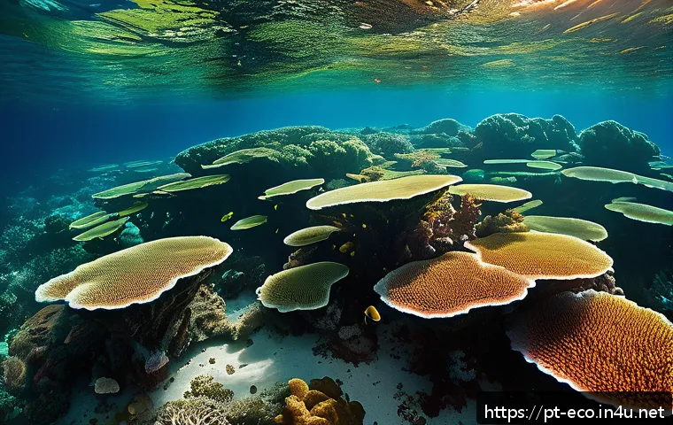 해조류 생태 연구 - A vibrant underwater scene depicting a dense forest of Brazilian marine algae, including red, green,...