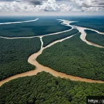 Home 19 환경 생태 시스템 - A detailed aerial view of the Amazon rainforest during the dry season, showcasing visibly reduced ri...