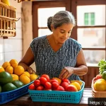 Home 18 폐기물 관리와 생태 - A cozy Brazilian kitchen scene showing a middle-aged woman using reusable cloth shopping bags and se...