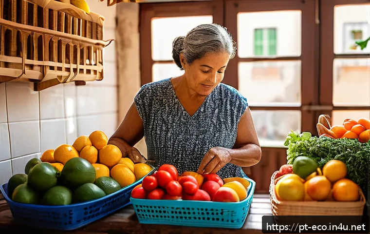 폐기물 관리와 생태 - A cozy Brazilian kitchen scene showing a middle-aged woman using reusable cloth shopping bags and se...
