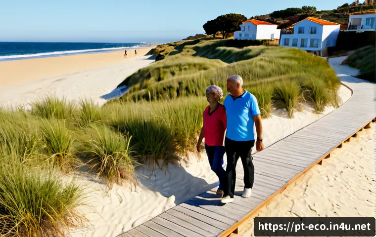 Home 17 기후변화 적응 - Photorealistic coastal climate adaptation scene in Portugal, a middle-aged Portuguese couple and the...